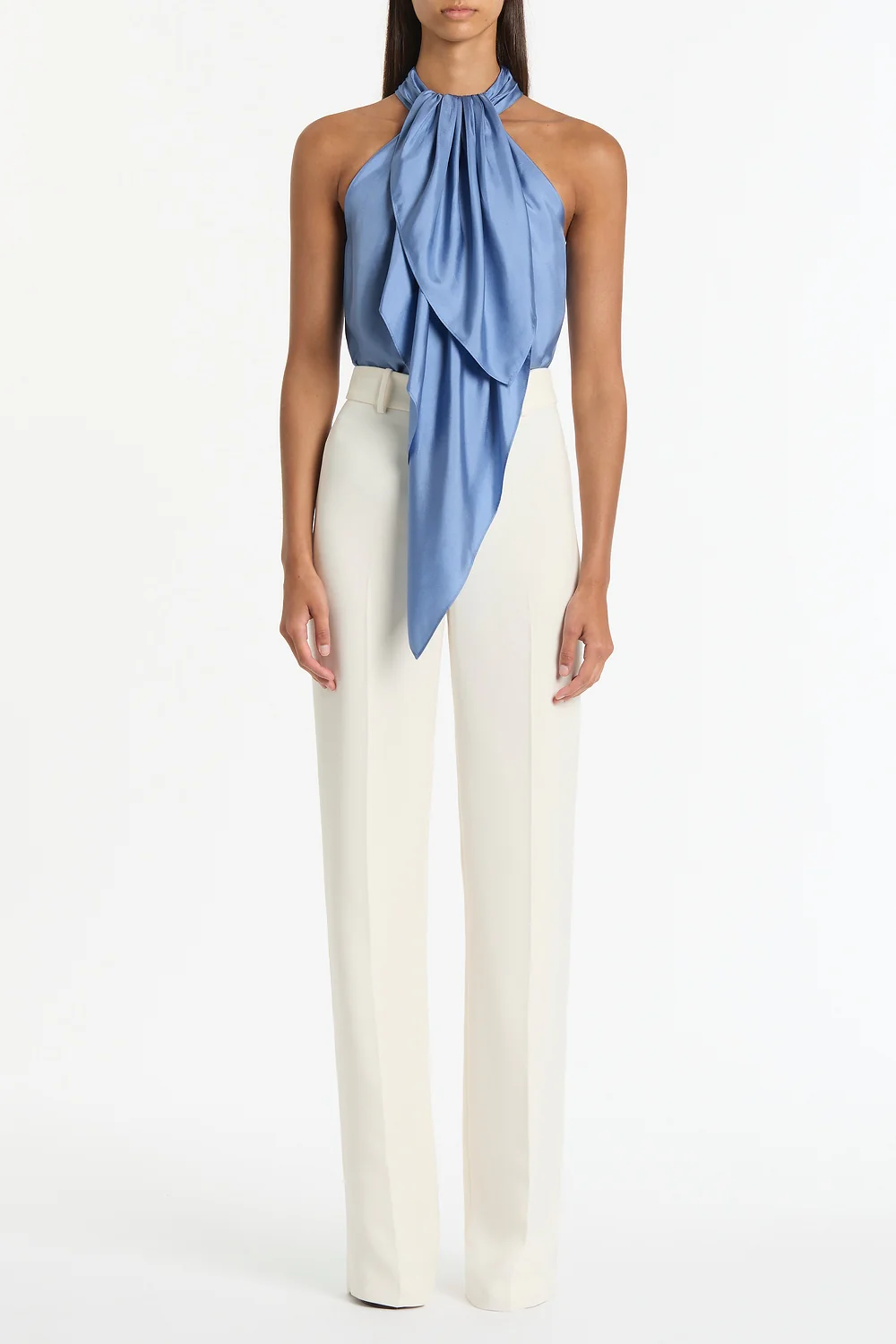 STEEL BLUE SILK TWILL RUFFLE HALTER TOP