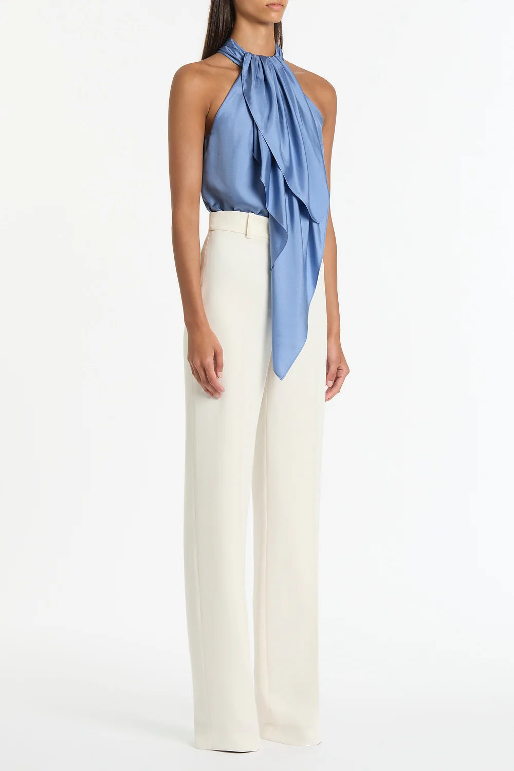 STEEL BLUE SILK TWILL RUFFLE HALTER TOP - Image 3