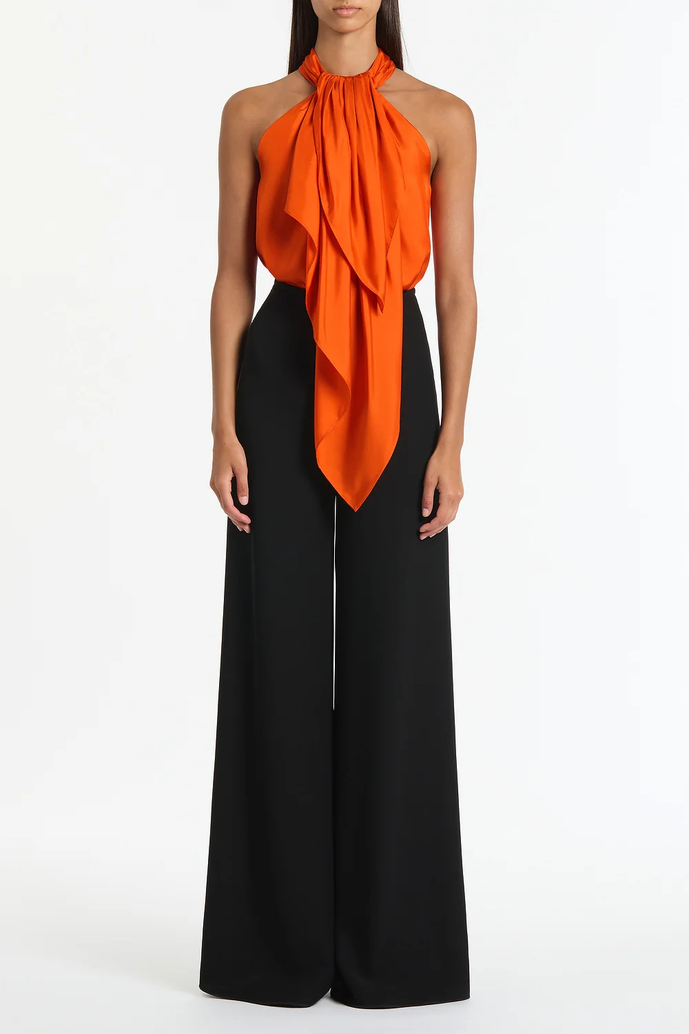 TANGERINE SILK TWILL RUFFLE HALTER TOP