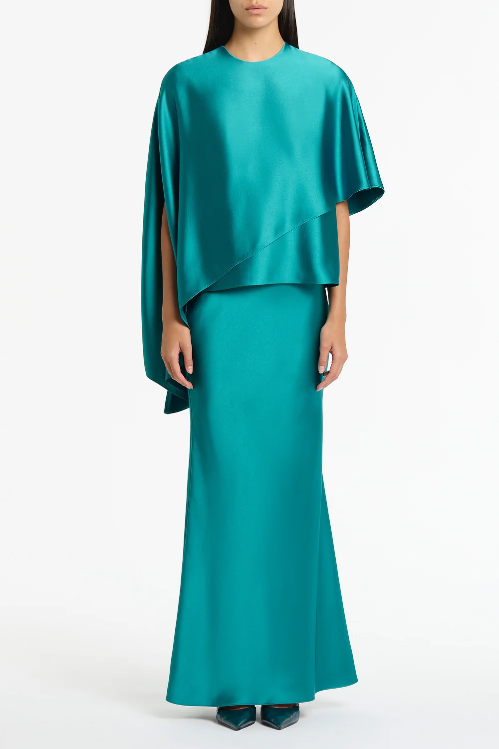 VIRIDIAN LUSTRE SATIN ASYMMETRIC DRAPE TOP