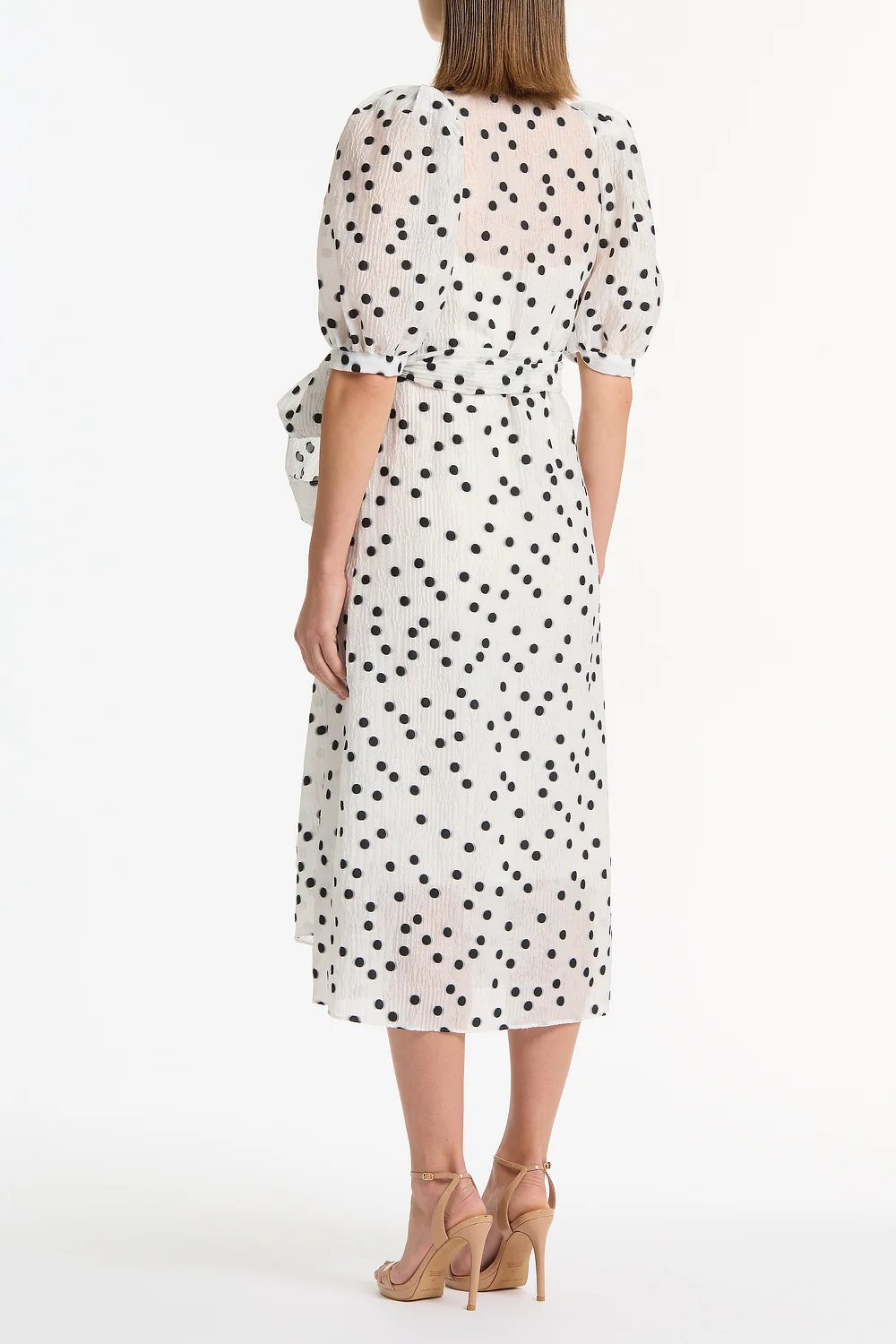 WHITE AND BLACK SPOT JACQUARD PUFF SLEEVE WRAP DRESS - Image 3