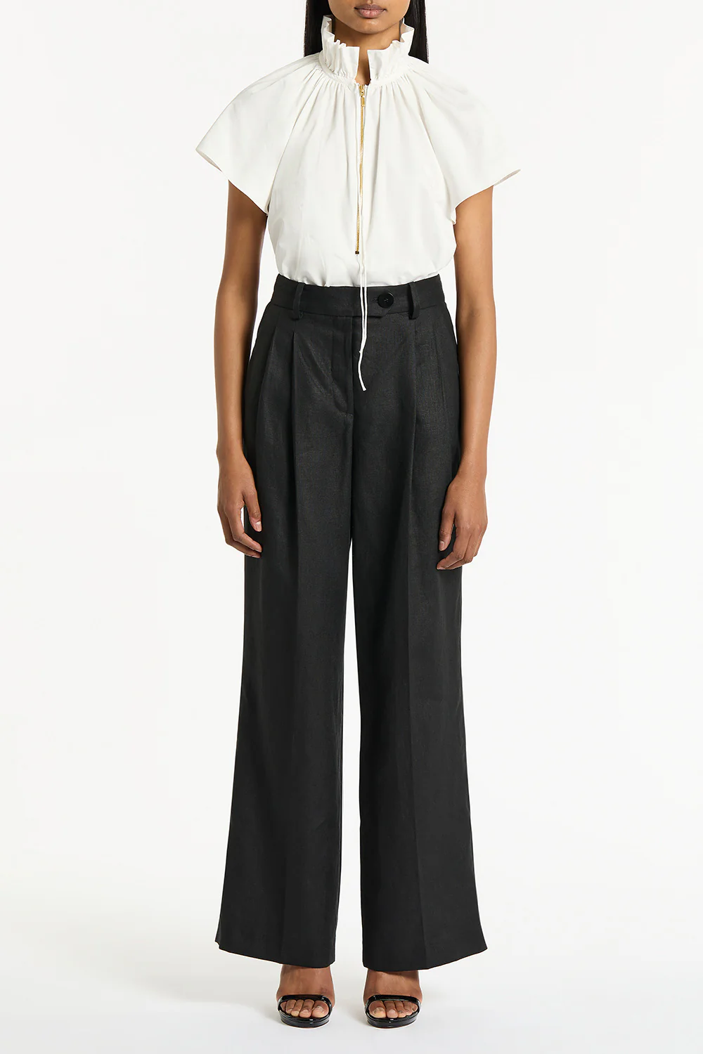 WHITE COTTON TAFFETA RUFFLE BLOUSE