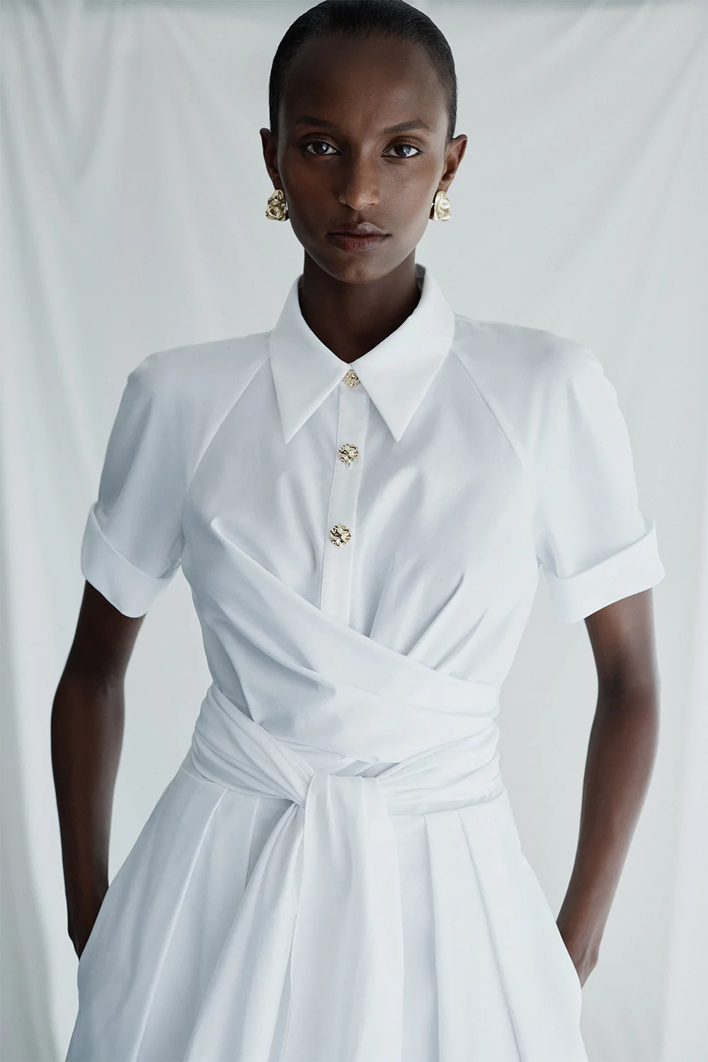 WHITE COTTON WRAP SHIRT DRESS - Image 5