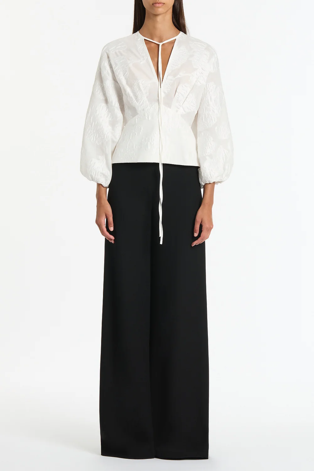 WHITE MESH JACQUARD PUFF SLEEVE BLOUSE