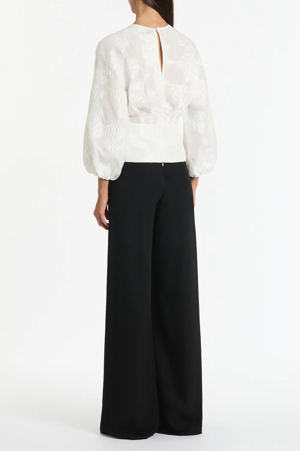 WHITE MESH JACQUARD PUFF SLEEVE BLOUSE - Image 3