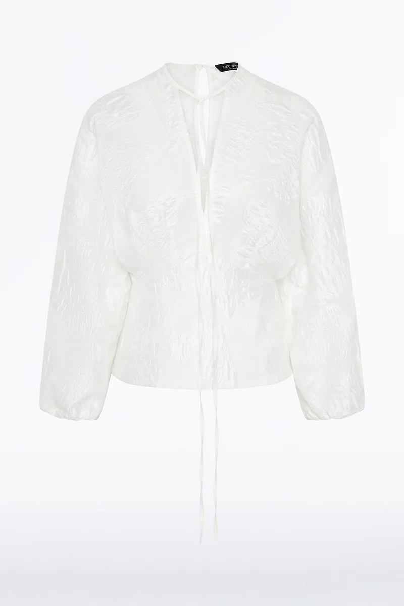WHITE MESH JACQUARD PUFF SLEEVE BLOUSE - Image 5