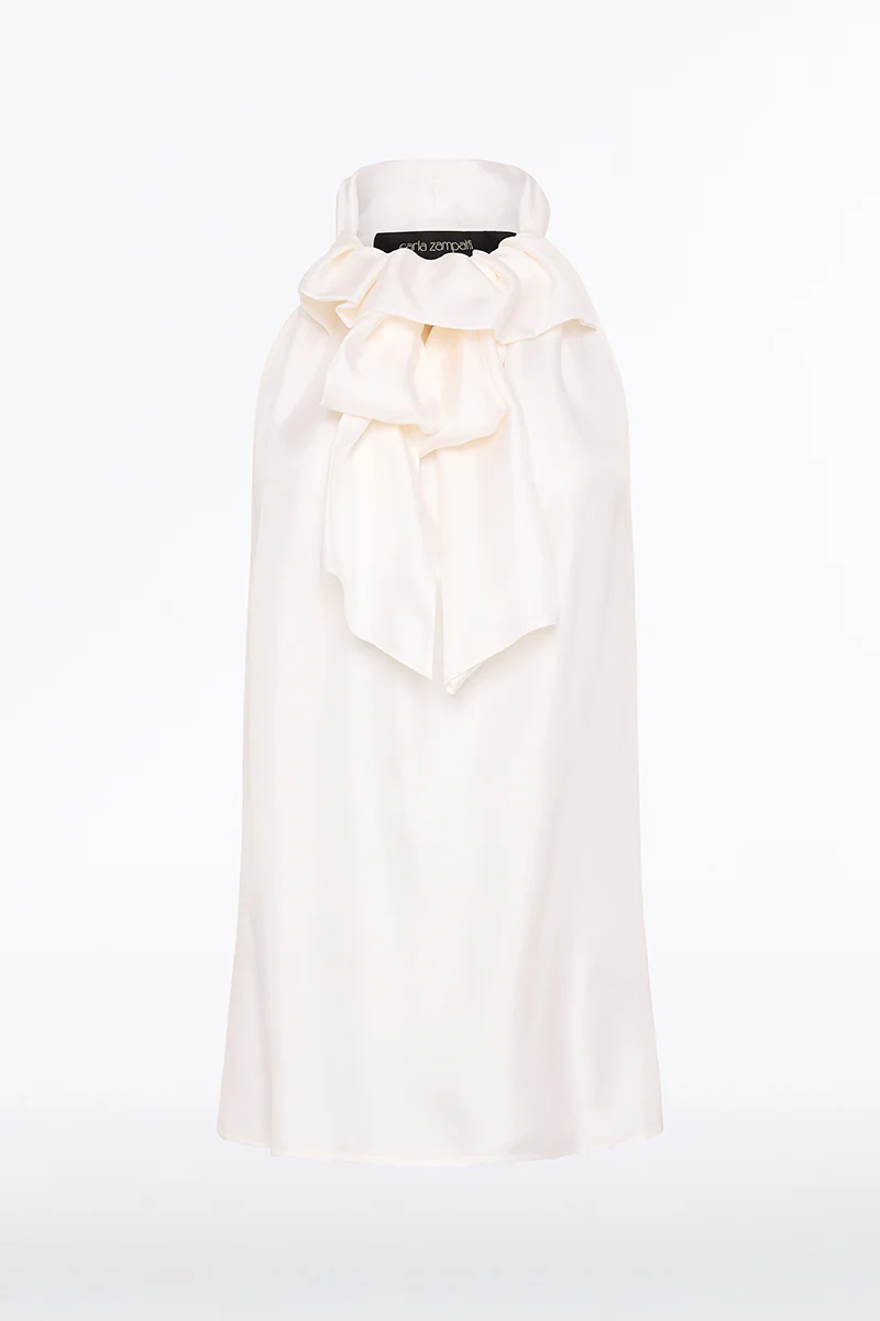 WHITE SILK TWILL RUFFLE HALTER TOP - Image 5